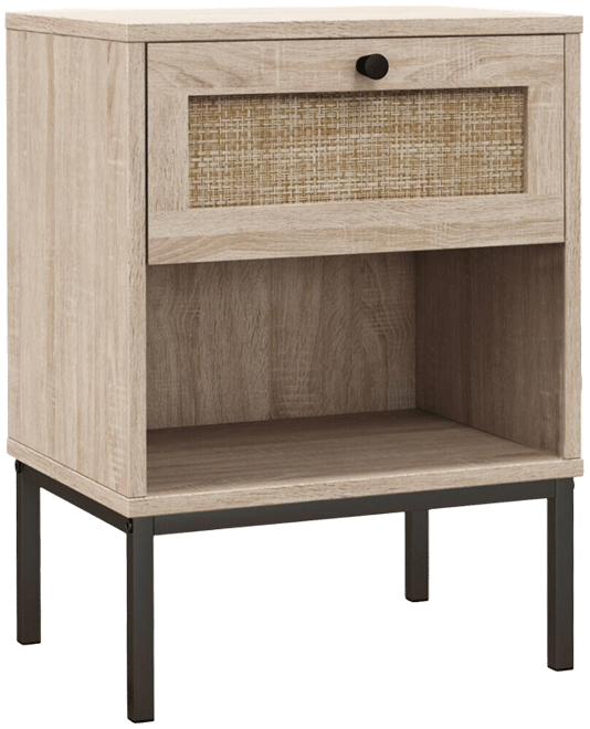 Rattan Nightstand Boho End Table with Drawer & Open Shelf for Living Room