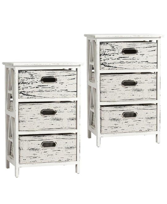 Set of 2 Chest w/3 Fabric Drawers Vintage Wood Frame End Side Table Nightstand