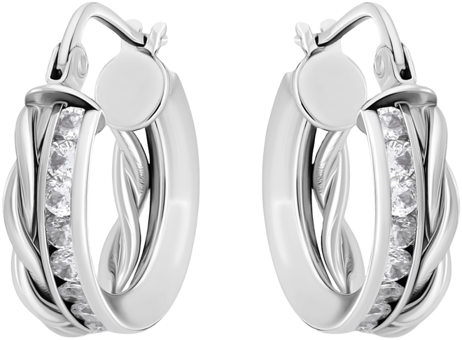 Cubic Zirconia Channel Set & Twist Double Row Small Hoop Earrings in Sterling Silver, 0.59", Exclusively at Macy's (Also Available in 18