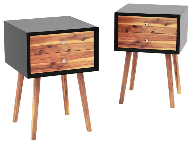 2PCS Wooden Nightstand Mid-Century End Side Table Living Room W/2 Storage Drawer