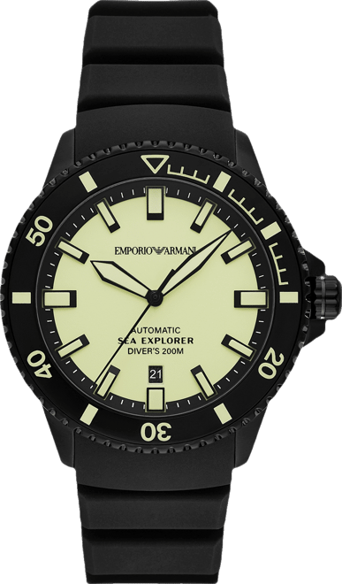 Men's Automatic Sea Explorer Black Silicone Strap Watch 43mm