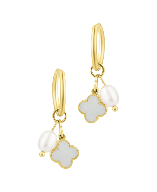 Tarnish Resistant Gold Freshwater Cultivated Pearl Clover Hoop Earrings