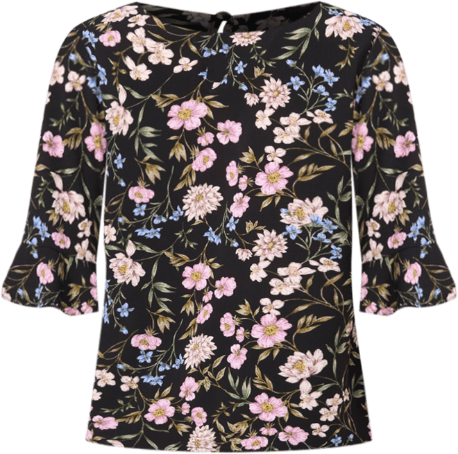 Women's Floral Crewneck 3/4-Sleeve Ruffled Cuff Blouse
