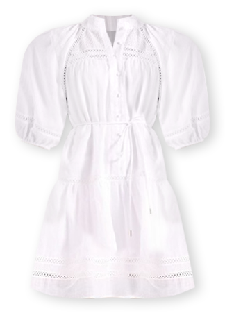 Ladder Lace Short Sleeve Ramie Mini Dress in White