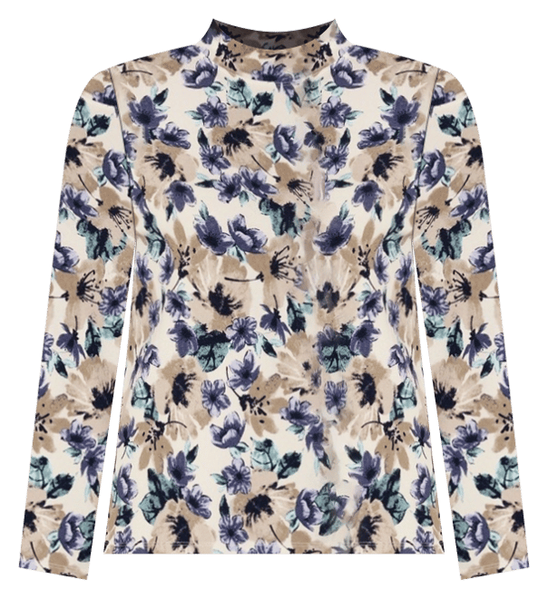 Long Sleeve Soft Touch Tee With Mock Neck & Side Splits in Neutral/Mint/Navy Azalea Flora