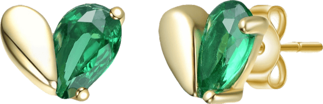 Sterling Silver 14K Gold Plated with Colored Cubic Zirconia Heart Stud Earrings