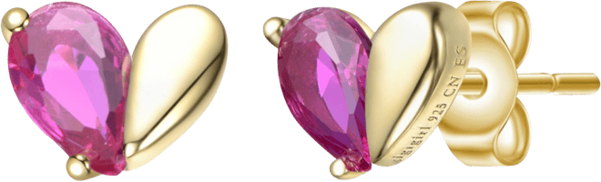 Sterling Silver 14K Gold Plated with Colored Cubic Zirconia Heart Stud Earrings