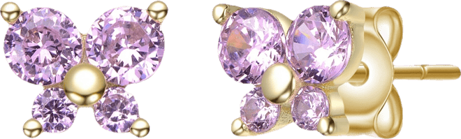 Sterling Silver 14K Gold Plated with Pink Cubic Zirconia Four-Stone Butterfly Cluster Stud Earrings