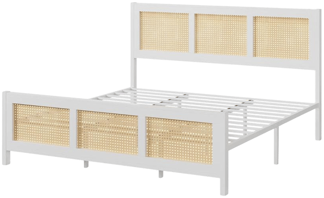 King Size Rattan Bed Frame with Headboard, White Boho Cane Platform Bed Frame with Strong Metal Slat, Noise Free, No Box Spring Needed
