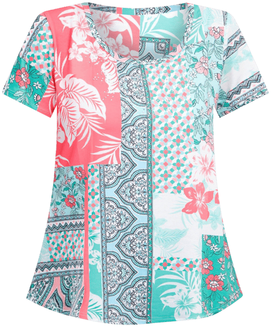 Coral Bay Womens Embellished Mixed Print Top