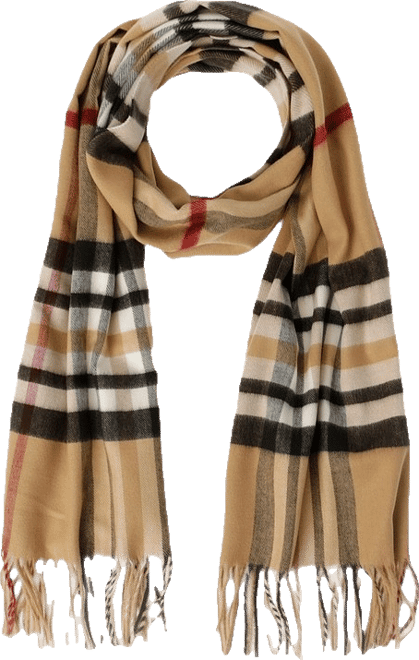 Cashmink Plaid Winter Scarf with Fringe in Camel