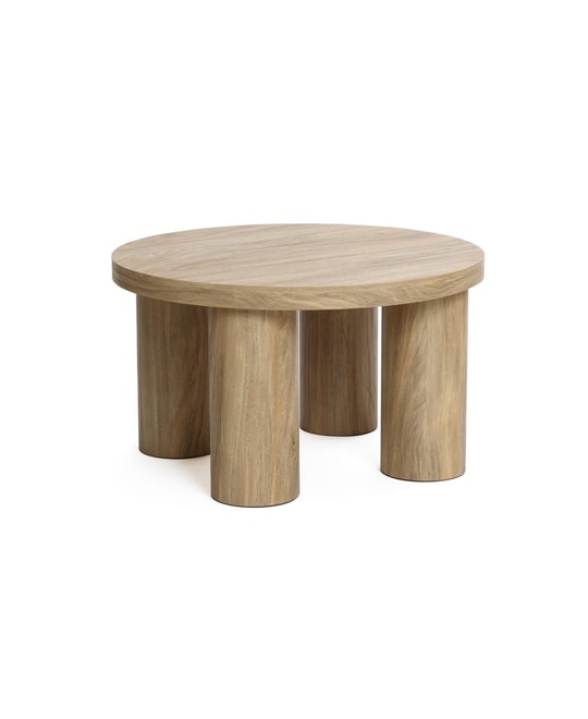 Oak Finish Manufactured Wood Round Coffee Table with 4 Pillar Legs