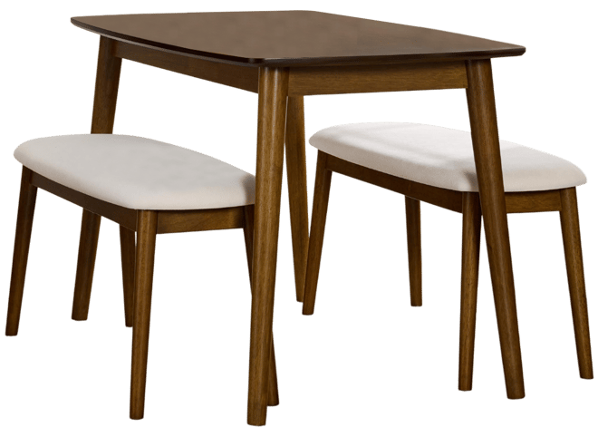 3-Piece Mid-Century Modern Upholstered Wooden Dining Set w/ 2 Bench Seats