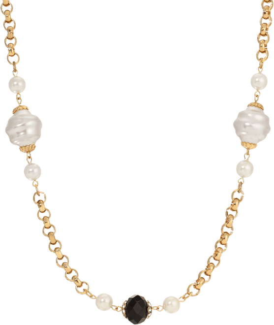 Faux Cultivated Pearl Jet Bead Strand Necklace