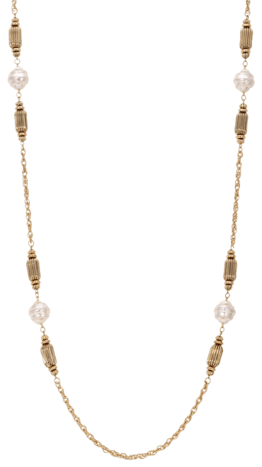 Faux Cultivated Pearl Fluted Brass Long Necklace