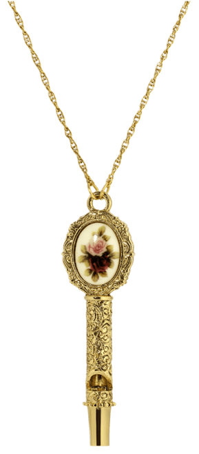 Gold Tone Pink Flower Decal Whistle Necklace