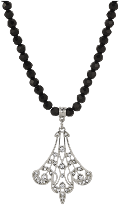 Black Glass Bead Crystal Fan Necklace