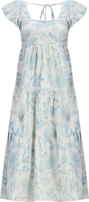 Women's Puff Sleeve Tiered Midi Dress in Blue Florals