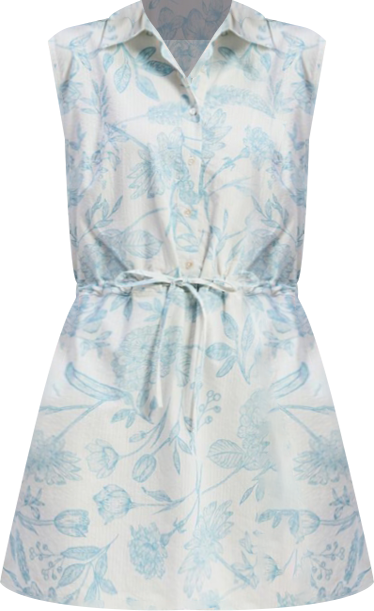 Women's Drawstring Shirt Dress in Blue Florals