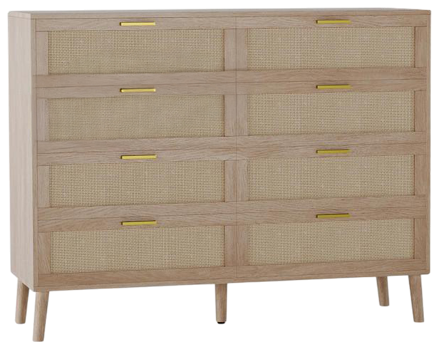 8 Drawer Rattan Dresser, 47.2" x 15.7" x 37" Rattan Chest of Dressers, Mid Century Modern Dresser for Closet with Handles, Large Table Top, Dresser Be