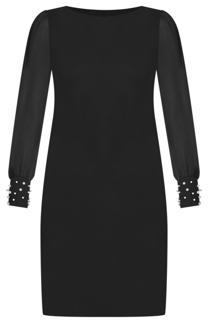 karl lagerfeld black dress with pearls KARL LAGERFELD PARIS Women's Scuba Crepe Sheath with Neckline Pearl Bow  Details Dress