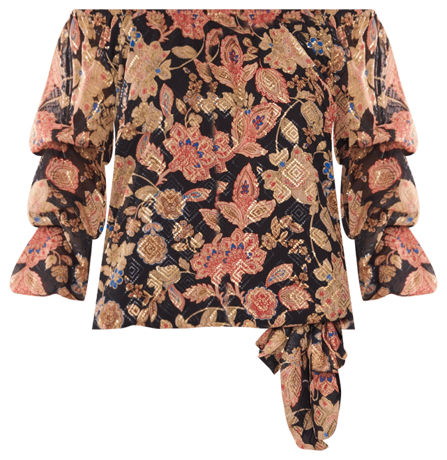 Women's Floral Off-The-Shoulder Bubble 3/4-Sleeve Tie-Front Blouse