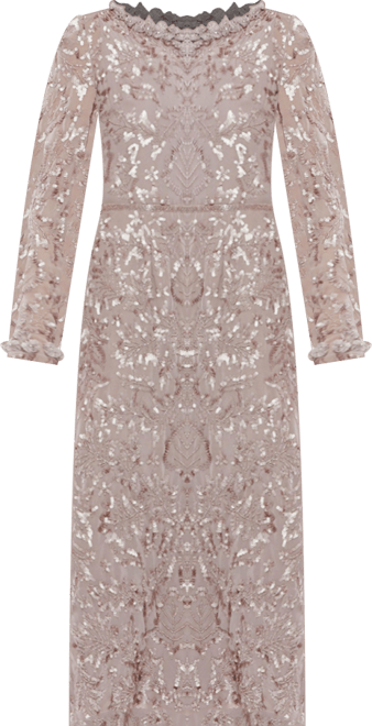 Women's Embellished High Neck Puff Sleeve Fitted Dress