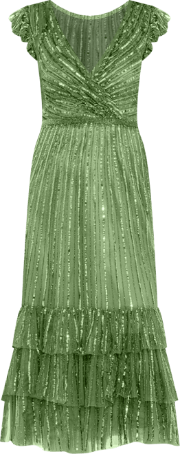 Women's Sequined Wrap Over Cap Sleeve Ruffle Hem Dress