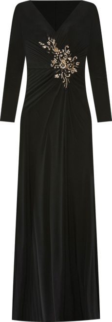 Women's Faux Wrap Long Sleeve Evening Gown with Applique Detail