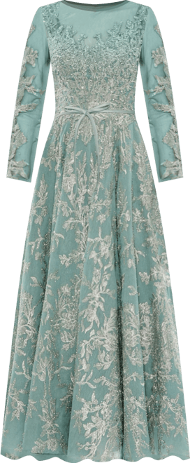 Women's Embellished Bow Belt Illusion Long Sleeve A Line Dress