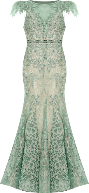 Women's Embellished Feather Cap Sleeve Illusion Neck Trump