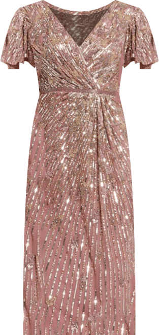 Women's Embellished Faux Wrap Flutter Sleeve Dress