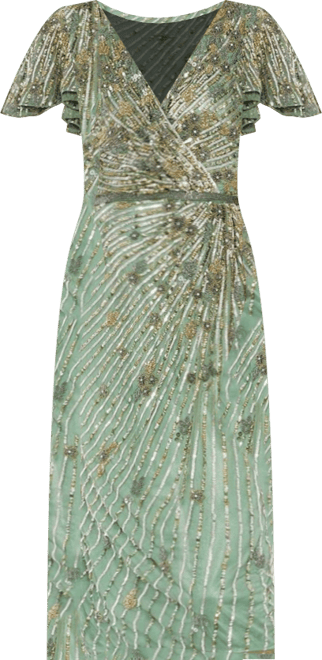 Women's Embellished Faux Wrap Flutter Sleeve Dress