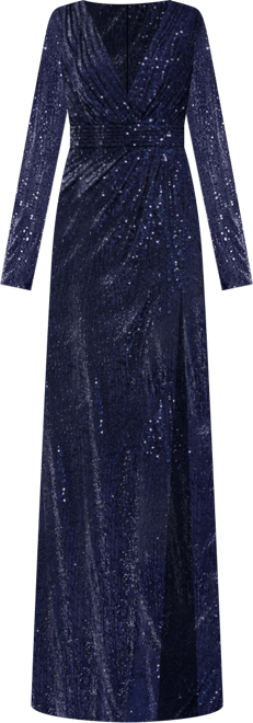 Women's Floor-Length Sequin Gown Featuring Long Sleeves and Sheer Accents