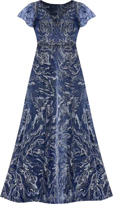 Women's Embellished Illusion Butterfly Sleeve A-Line Gown