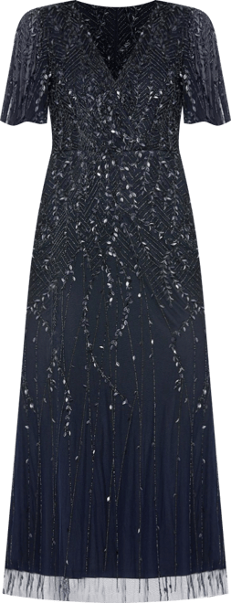 Women's Beaded Wrap Over Butterfly Sleeve Column Dress