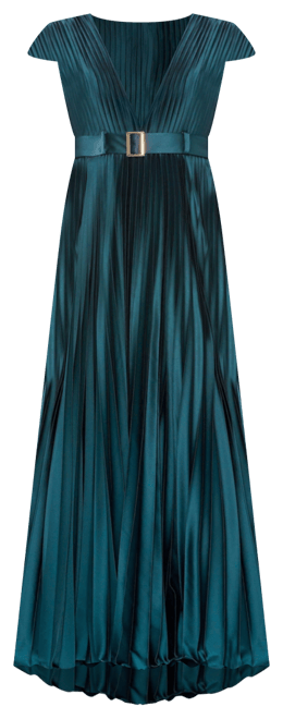 Women's Pleated Plunge Neck Belted A Line Gown