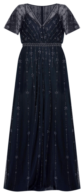 Women's V Neck Embellished Flutter Sleeve A Line Gown