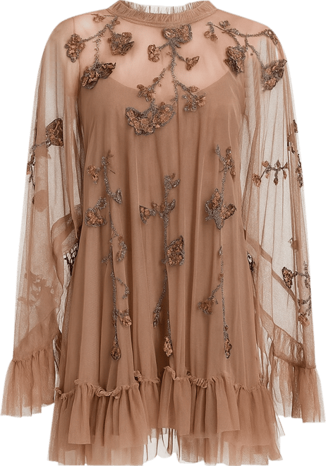 Women's Embellished Long Flare Sleeve Mesh A-Line Dress