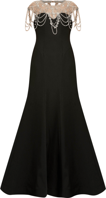 【Mac Duggal】Draped Pearl Beaded Mermaid Gown 関税送料込 Black Draped Pearl Beaded Mermaid Gown | Mac Duggal