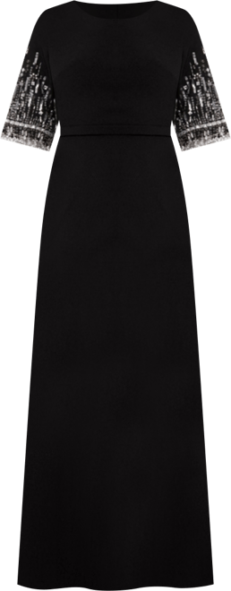 【Mac Duggal】Crepe A Line Gown With Beaded 関税送料込 Black Crepe A Line Gown With Beaded 3/4 Sleeves - Mac Duggal