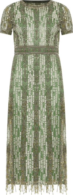 Women's High Neck Short Sleeve Crystal Fringe Column Dress