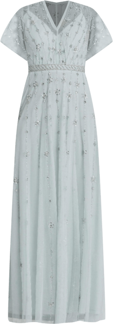 Women's V-Neck Embellished Flutter Sleeve A Line Gown