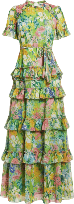 Women's Floral Printed Chiffon Tiered Ruffle Gown