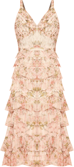 Women's Sleeveless V Neck Floral Mesh Ruffle Midi Dress