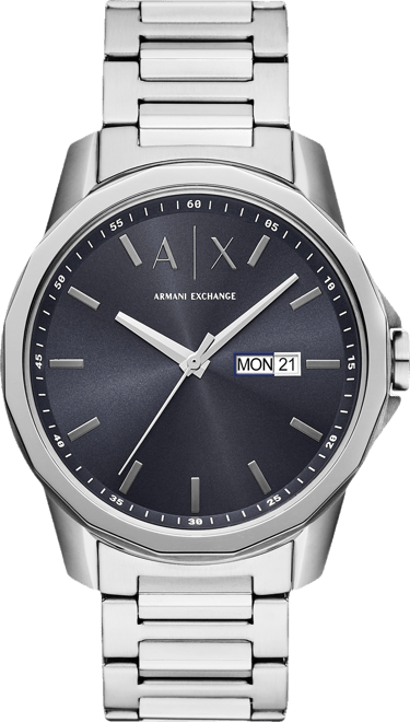 Men's Quartz Three-Hand Day-Date Silver Stainless-Steel Watch, 44mm