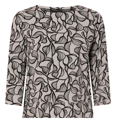 Boat Neck 3/4 Sleeve Tee in Greymarle/Black Monotone Leaf Print