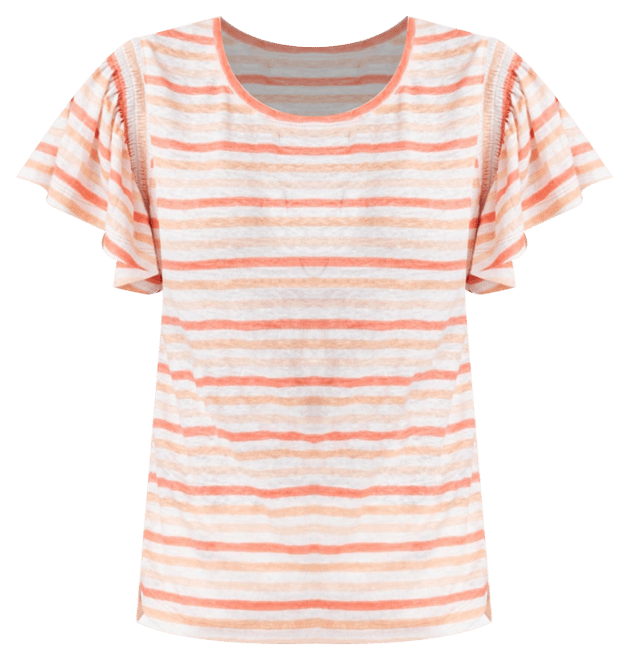 Striped Linen Smocked Flutter-Sleeved Tee
