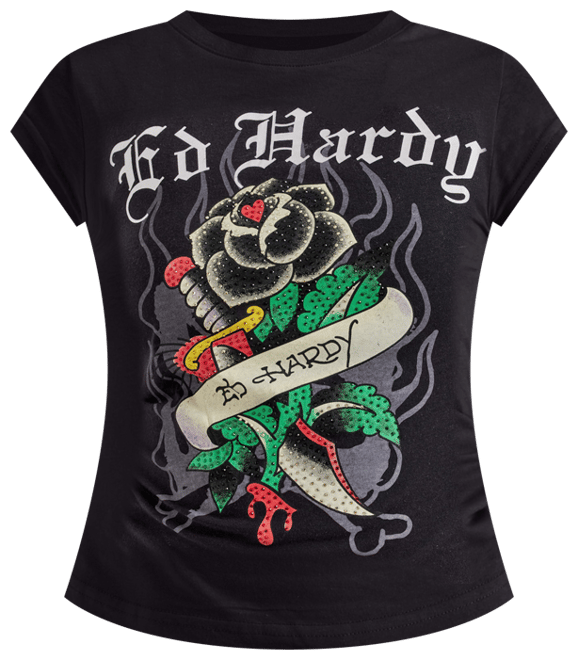 Ed Hardy Black Rose Rhinestone Cap Sleeve Tee