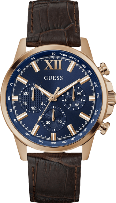 Men's Multi-Function Brown Genuine Leather Watch, 44mm